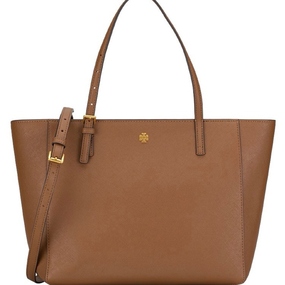 Tory Burch Brown Tote Bag with Metallic Accents Emerson small tote moose